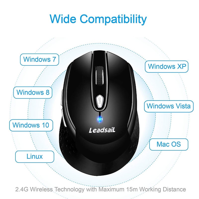 LeadsaiL ماوس لابتوب لاسلكي من ليدسيل، 2.4G نحيف محمول، أقل ضوضاء، 6 أزرار، USB لويندوز/ماك/لابتوبات - Image 5